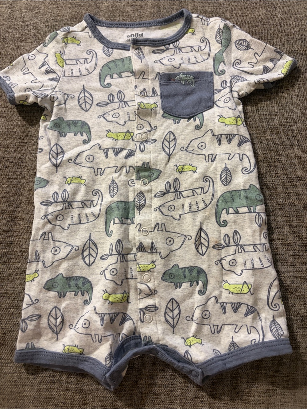 child of mine Grey Romper with Green & Yellow Crocodile Print